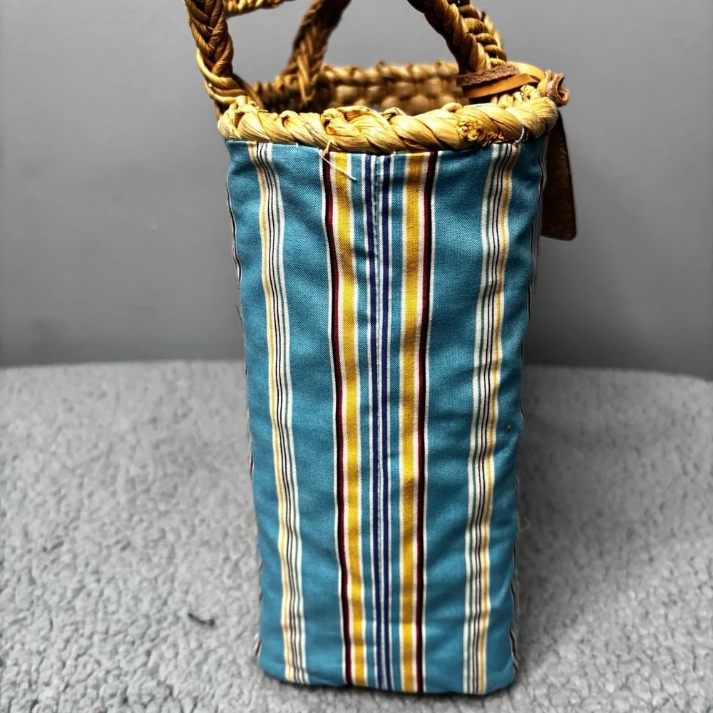 Lauren Ralph Lauren Tote Bag Blue Striped Fabric Straw Handle Vacation Beach